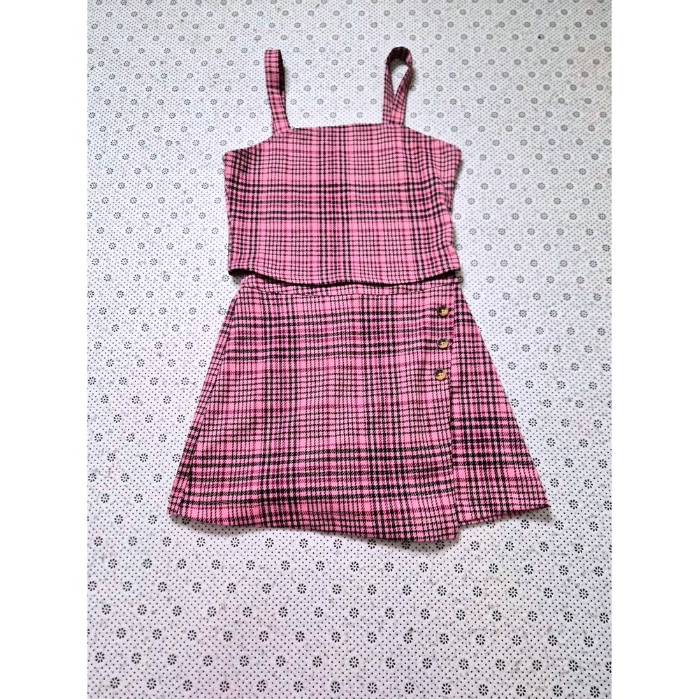 Self-E Pink Black Plaid 2 Piece Set Crop Top Mini Skirt Small Retro Y2K Style